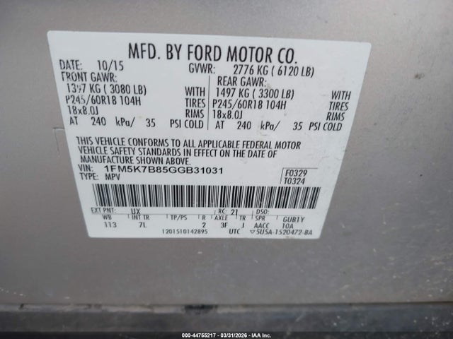 Aukcja sprzedaży 2016 Ford Explorer, vin: 1FM5K7B85GGB31031, numer aukcji: 44755217