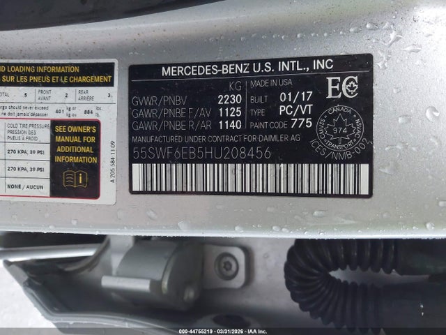 44755219 :رقم المزاد ، 55SWF6EB5HU208456 vin ، 2017 Mercedes-benz Amg C 43 4matic مزاد بيع