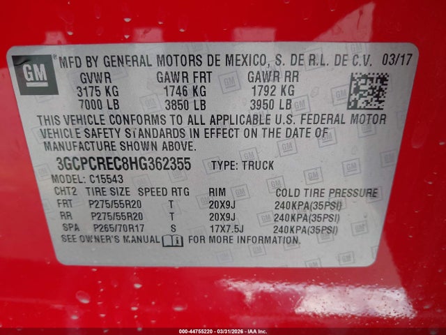 Продаж на аукціоні авто 2017 Chevrolet Silverado 1500 1lt, vin: 3GCPCREC8HG362355, номер лоту: 44755220