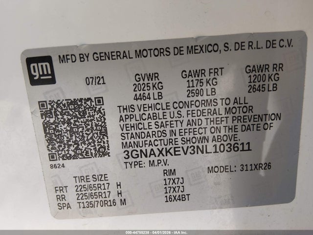 3GNAXKEV3NL103611 Chevrolet Equinox Fwd Lt
