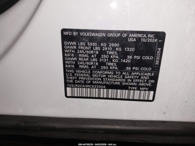 Aukcja sprzedaży 2024 Volkswagen Atlas 2.0t Se, vin: 1V2LR2CA3RC623304, numer aukcji: 44755239