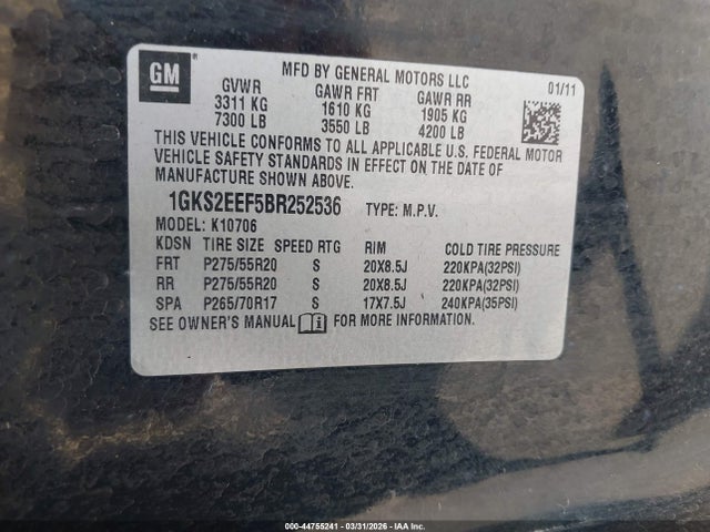44755241 :رقم المزاد ، 1GKS2EEF5BR252536 vin ، 2011 Gmc Yukon Denali مزاد بيع