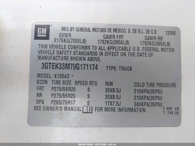 Aukcja sprzedaży 2009 Gmc Sierra 1500 Slt, vin: 3GTEK33M79G171174, numer aukcji: 44755242