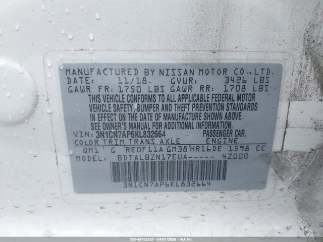 3N1CN7AP6KL832664 Nissan Versa 1.6 Sv