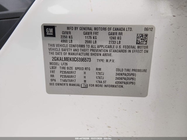 Aukcja sprzedaży 2012 Gmc Terrain Sle-1, vin: 2GKALMEK0C6396573, numer aukcji: 44755259