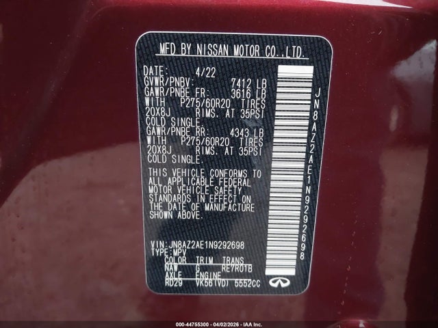 Aukcja sprzedaży 2022 Infiniti Qx80 Luxe Awd, vin: JN8AZ2AE1N9292698, numer aukcji: 44755300