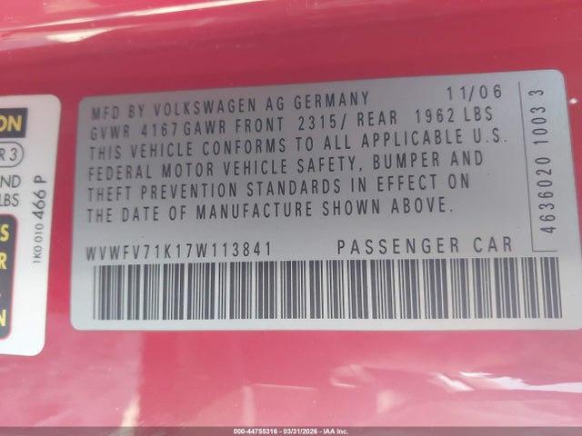 44755316 :رقم المزاد ، WVWFV71K17W113841 vin ، 2007 Volkswagen Gti 2-door/fahrenheit مزاد بيع