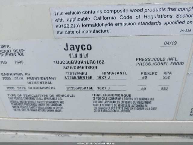 Продаж на аукціоні авто 2019 Jayco Other, vin: 1UJCJ0BV0K1LR0162, номер лоту: 44755321