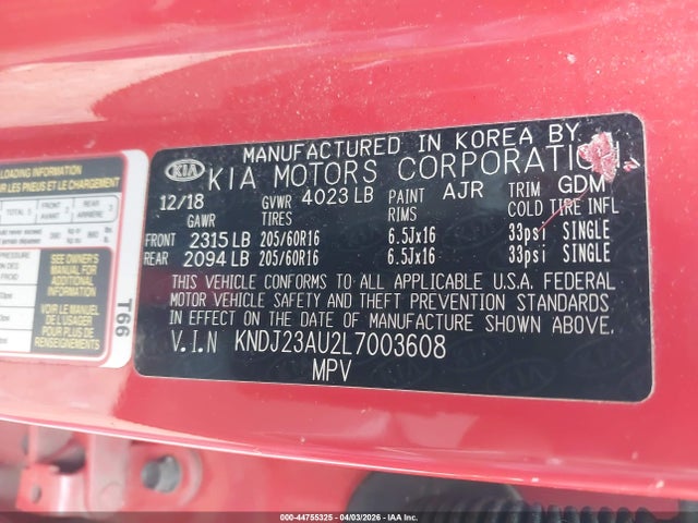 44755325 :رقم المزاد ، KNDJ23AU2L7003608 vin ، 2020 Kia Soul Lx مزاد بيع