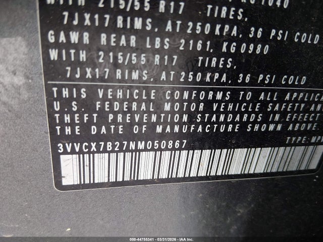 44755341 :رقم المزاد ، 3VVCX7B27NM050867 vin ، 2022 Volkswagen Taos 1.5t S مزاد بيع