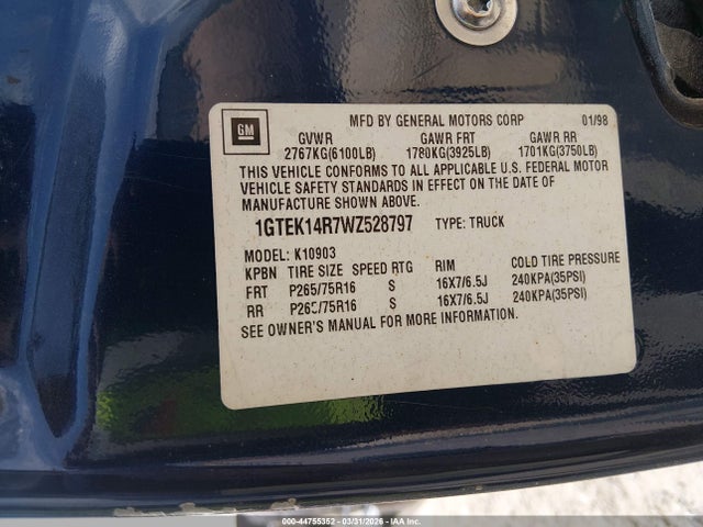 44755352 :رقم المزاد ، 1GTEK14R7WZ528797 vin ، 1998 Gmc Sierra 1500 Sl Wideside مزاد بيع