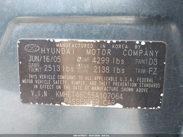 44755371 :رقم المزاد ، KMHET46C56A107064 vin ، 2006 Hyundai Sonata Gl مزاد بيع