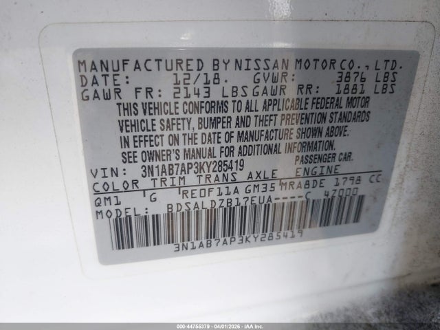 Aukcja sprzedaży 2019 Nissan Sentra Sv, vin: 3N1AB7AP3KY285419, numer aukcji: 44755379
