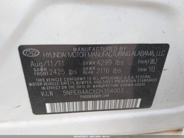 Aukcja sprzedaży 2012 Hyundai Sonata Gls, vin: 5NPEB4ACXCH354003, numer aukcji: 44755378