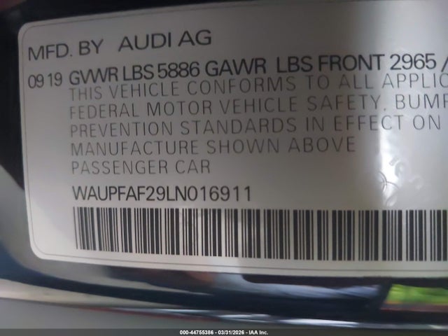 44755386 :رقم المزاد ، WAUPFAF29LN016911 vin ، 2020 Audi S7 Sportback Premium Plus Tfsi Quattro Tiptronic مزاد بيع
