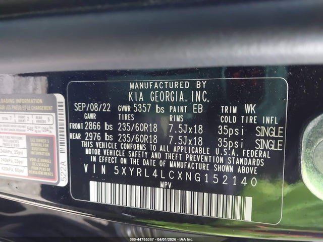 44755387 :رقم المزاد ، 5XYRL4LCXNG152140 vin ، 2022 Kia Sorento S مزاد بيع