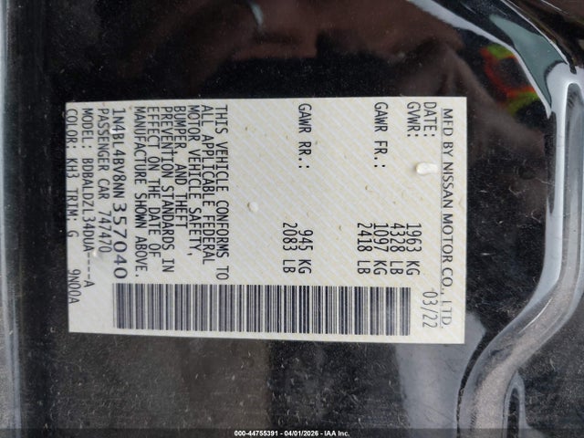 Продаж на аукціоні авто 2022 Nissan Altima S Fwd, vin: 1N4BL4BV8NN357040, номер лоту: 44755391