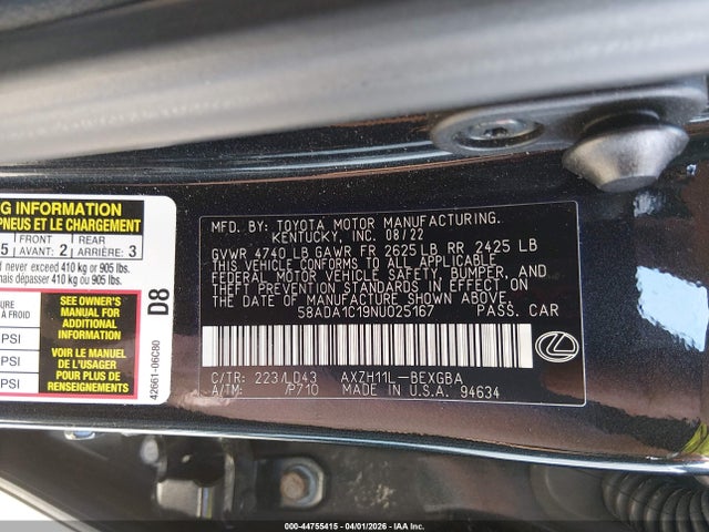 Aukcja sprzedaży 2022 Lexus Es 300h, vin: 58ADA1C19NU025167, numer aukcji: 44755415
