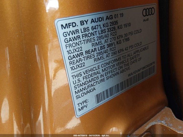 Aukcja sprzedaży 2019 Audi Q8 55 Premium, vin: WA1EVAF18KD023979, numer aukcji: 44755418