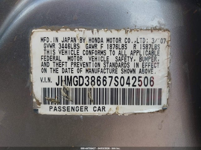 44755427 :رقم المزاد ، JHMGD38667S042506 vin ، 2007 Honda Fit Sport مزاد بيع