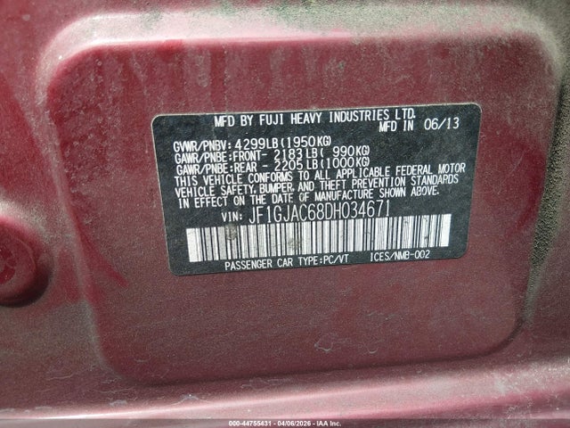 Aukcja sprzedaży 2013 Subaru Impreza 2.0i Premium, vin: JF1GJAC68DH034671, numer aukcji: 44755431