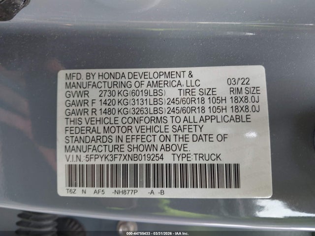 Aukcja sprzedaży 2022 Honda Ridgeline Rtl-e, vin: 5FPYK3F7XNB019254, numer aukcji: 44755433