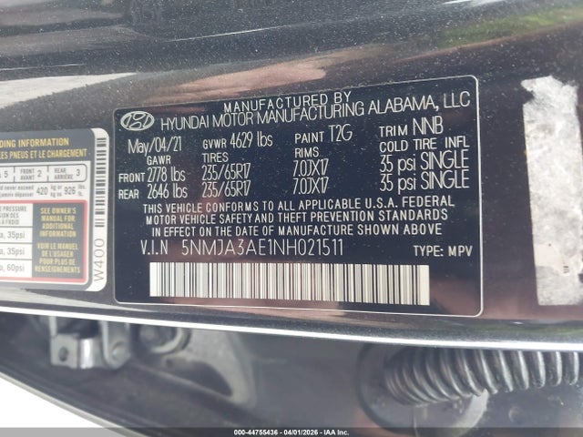 Aukcja sprzedaży 2022 Hyundai Tucson Se, vin: 5NMJA3AE1NH021511, numer aukcji: 44755436