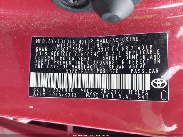 44755486 :رقم المزاد ، 5YFEPRAE5LP081670 vin ، 2020 Toyota Corolla Le مزاد بيع