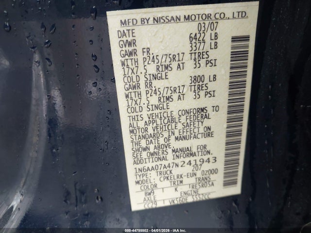 Продажа на аукционе авто 2007 Nissan Titan Xe, vin: 1N6AA07A47N241943, номер лота: 44755502