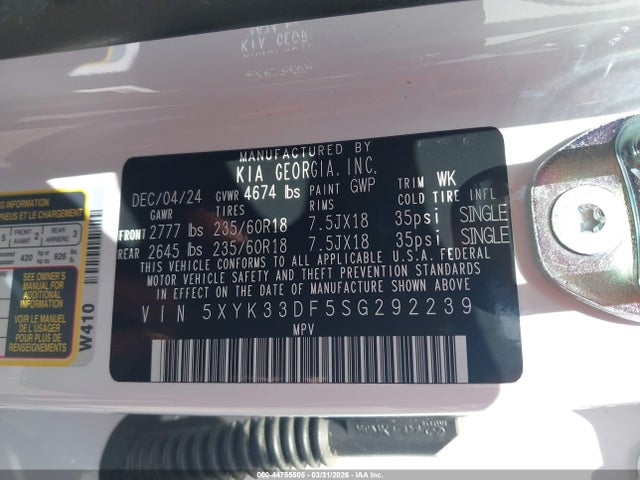 44755505 :رقم المزاد ، 5XYK33DF5SG292239 vin ، 2025 Kia Sportage Ex مزاد بيع