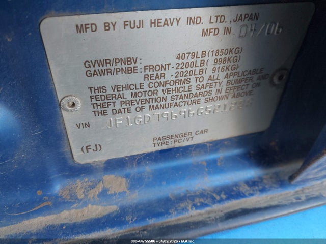 2006 Subaru Impreza Wrx მანქანა იყიდება აუქციონზე, vin: JF1GD79696G521288, აუქციონის ნომერი: 44755506