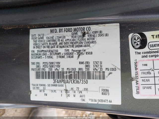 2012 Ford Fusion Sel მანქანა იყიდება აუქციონზე, vin: 3FAHP0JA7CR367350, აუქციონის ნომერი: 44755535