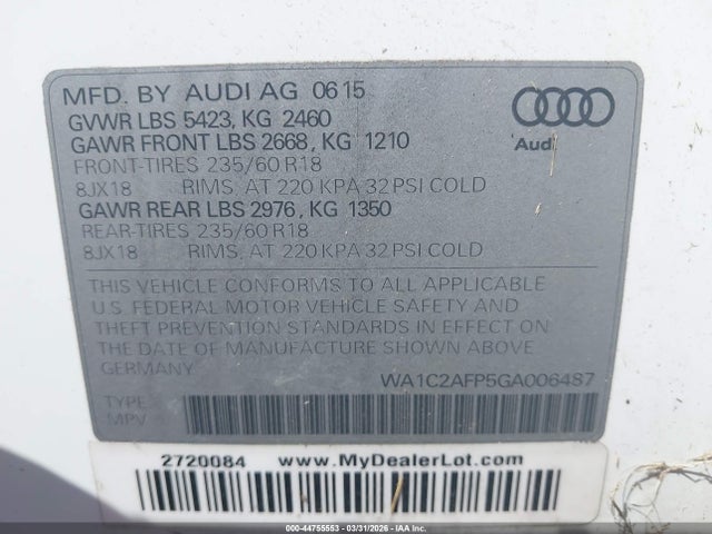 Aukcja sprzedaży 2016 Audi Q5 2.0t Premium, vin: WA1C2AFP5GA006487, numer aukcji: 44755553