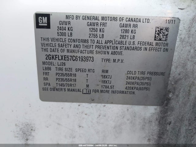 Aukcja sprzedaży 2012 Gmc Terrain Slt-2, vin: 2GKFLXE57C6193973, numer aukcji: 44755564