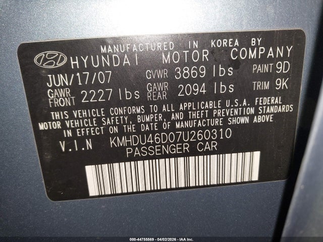 Aukcja sprzedaży 2007 Hyundai Elantra Gls/limited/se, vin: KMHDU46D07U260310, numer aukcji: 44755569