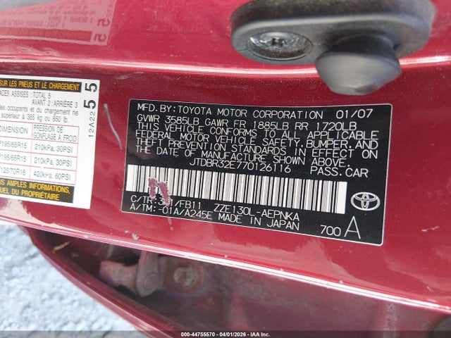 Продажа на аукционе авто 2007 Toyota Corolla Le, vin: JTDBR32E770126116, номер лота: 44755570