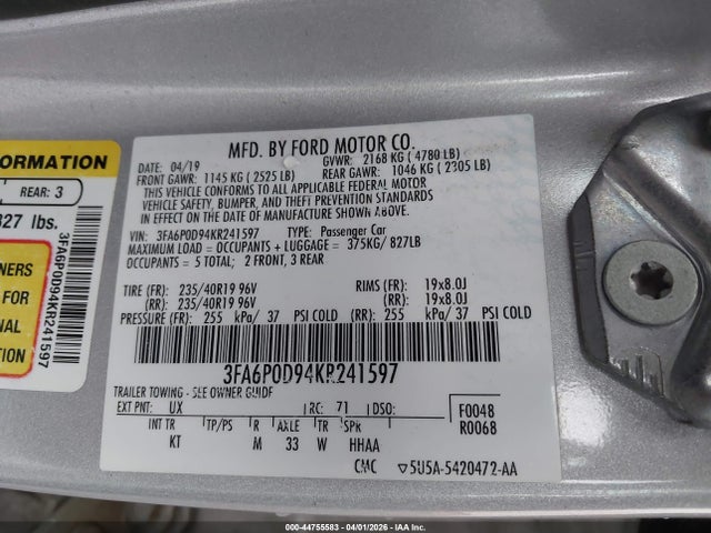 3FA6P0D94KR241597 Ford Fusion Titanium