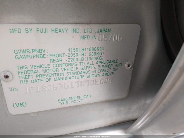 Aukcja sprzedaży 2007 Subaru Forester 2.5x, vin: JF1SG63617H706029, numer aukcji: 44755591