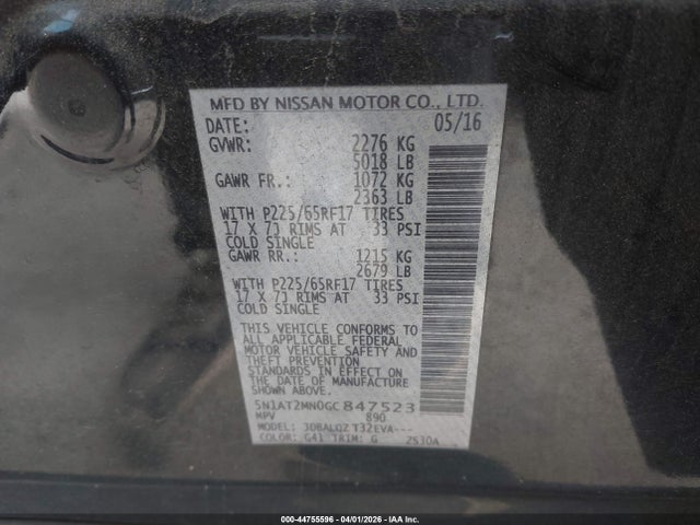 2016 Nissan Rogue Sv მანქანა იყიდება აუქციონზე, vin: 5N1AT2MN0GC847523, აუქციონის ნომერი: 44755596