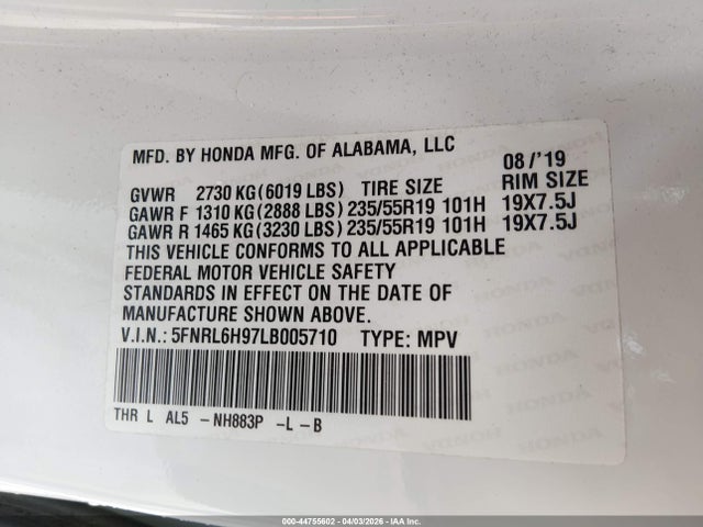 5FNRL6H97LB005710 Honda Odyssey Elite