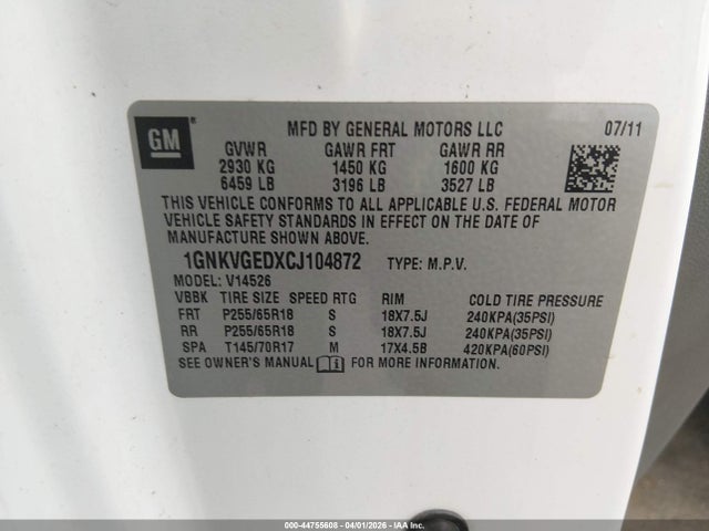 Aukcja sprzedaży 2012 Chevrolet Traverse 1lt, vin: 1GNKVGEDXCJ104872, numer aukcji: 44755608