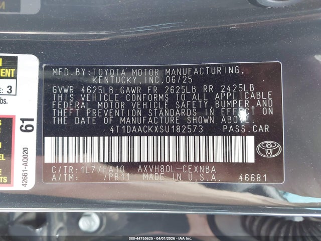 2025 Toyota Camry Le მანქანა იყიდება აუქციონზე, vin: 4T1DAACKXSU182573, აუქციონის ნომერი: 44755625