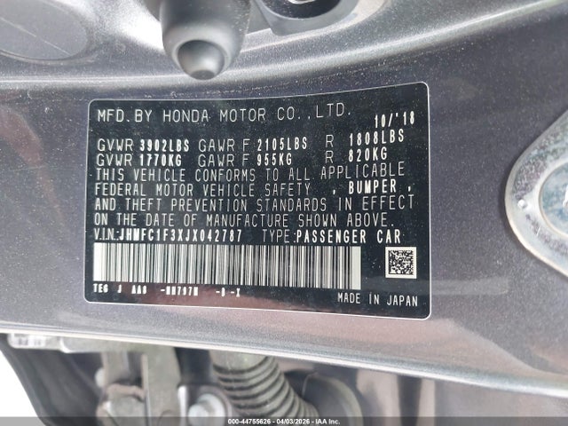 Продажа на аукционе авто 2018 Honda Civic Ex-t, vin: JHMFC1F3XJX042787, номер лота: 44755626