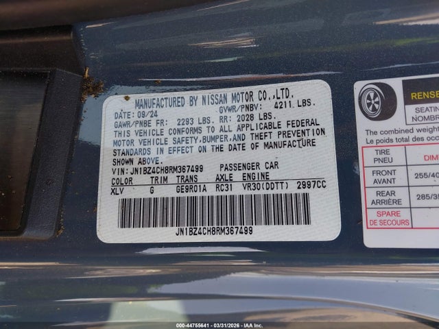 2024 Nissan Z Nismo Auto მანქანა იყიდება აუქციონზე, vin: JN1BZ4CH8RM367499, აუქციონის ნომერი: 44755641