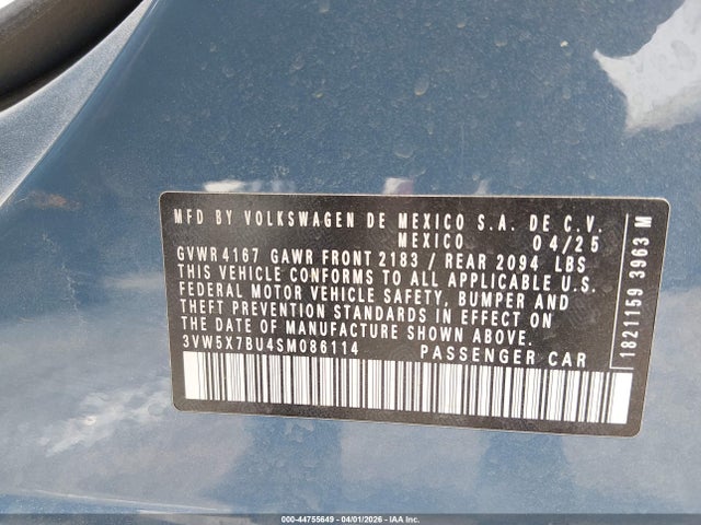 44755649 :رقم المزاد ، 3VW5X7BU4SM086114 vin ، 2025 Volkswagen Jetta 1.5t S مزاد بيع