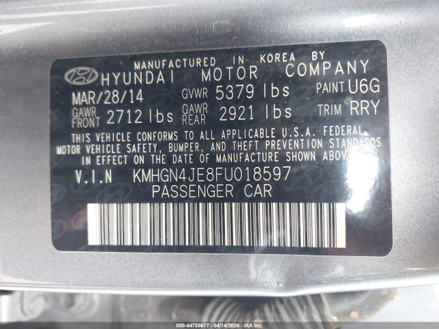 2015 Hyundai Genesis 3.8 მანქანა იყიდება აუქციონზე, vin: KMHGN4JE8FU018597, აუქციონის ნომერი: 44755677