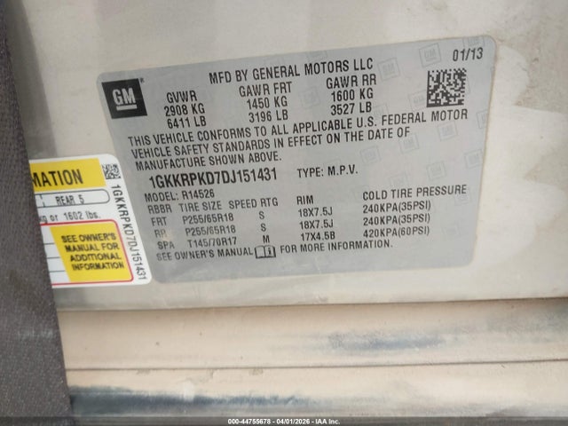 Aukcja sprzedaży 2013 Gmc Acadia Sle-2, vin: 1GKKRPKD7DJ151431, numer aukcji: 44755678