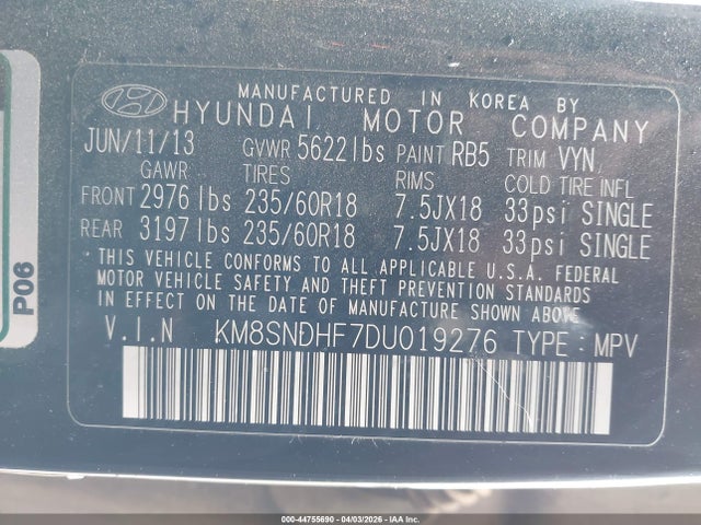Продажа на аукционе авто 2013 Hyundai Santa Fe Gls, vin: KM8SNDHF7DU019276, номер лота: 44755690