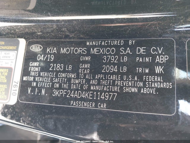 Aukcja sprzedaży 2019 Kia Forte Lxs, vin: 3KPF24AD4KE114977, numer aukcji: 44755692