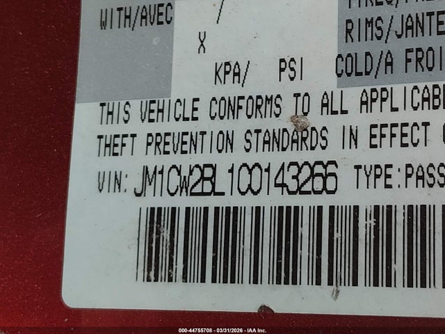 44755708 :رقم المزاد ، JM1CW2BL1C0143266 vin ، 2012 Mazda Mazda5 Sport مزاد بيع